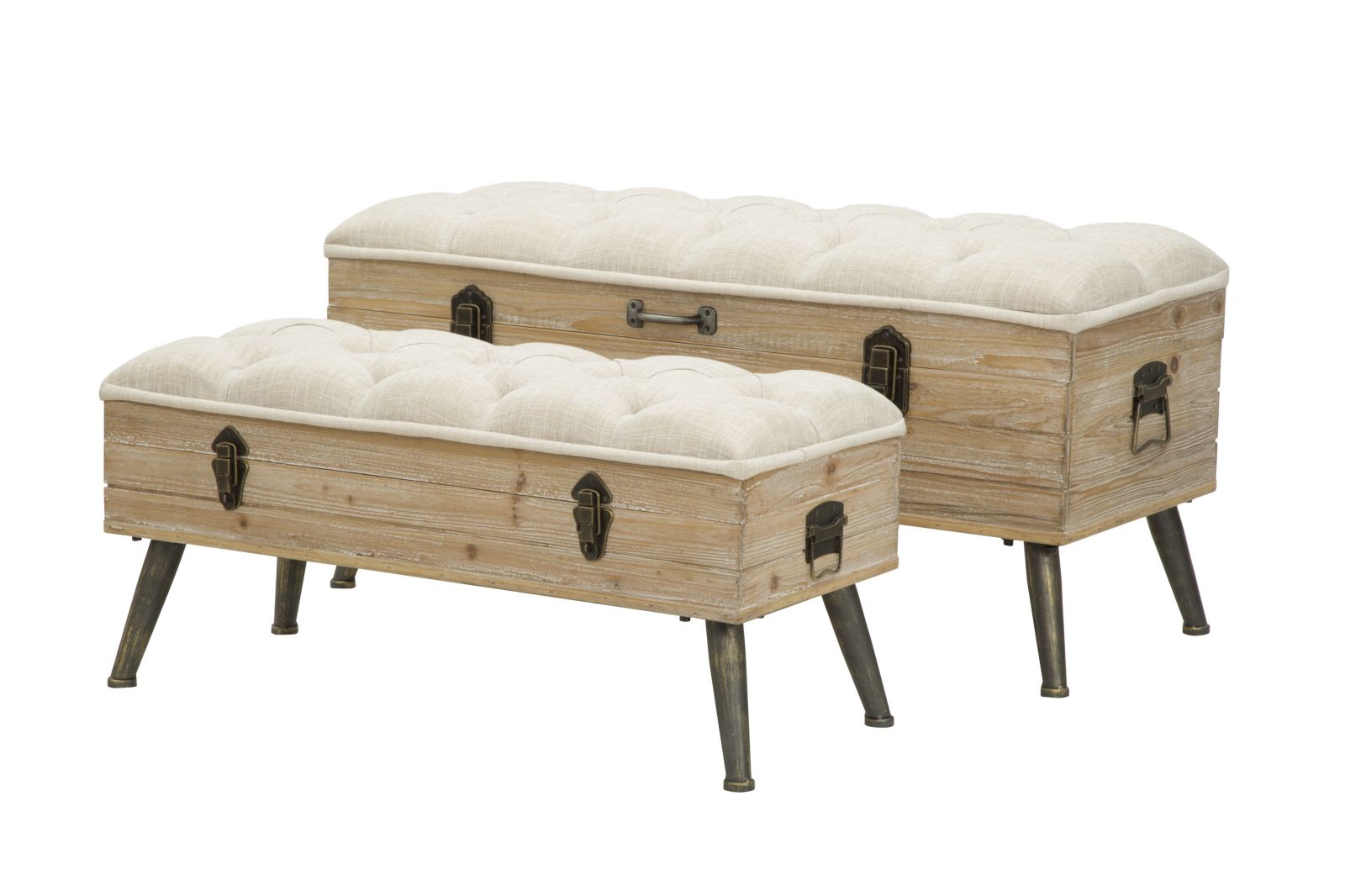 Set 2 Pouf Contenitore Tirana Coppia 102x43,5x49,5 - 82x36x37 cm in Legno e Ferro