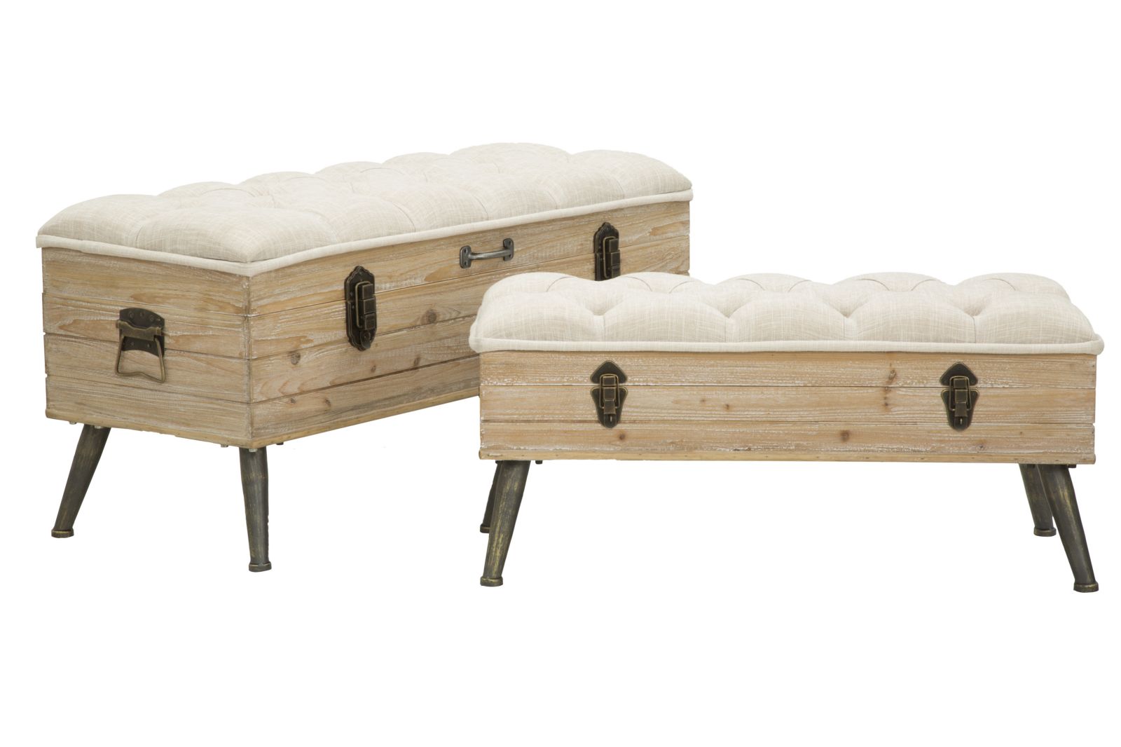 Set 2 Pouf Contenitore Tirana Coppia 102x43,5x49,5 - 82x36x37 cm in Legno e Ferro