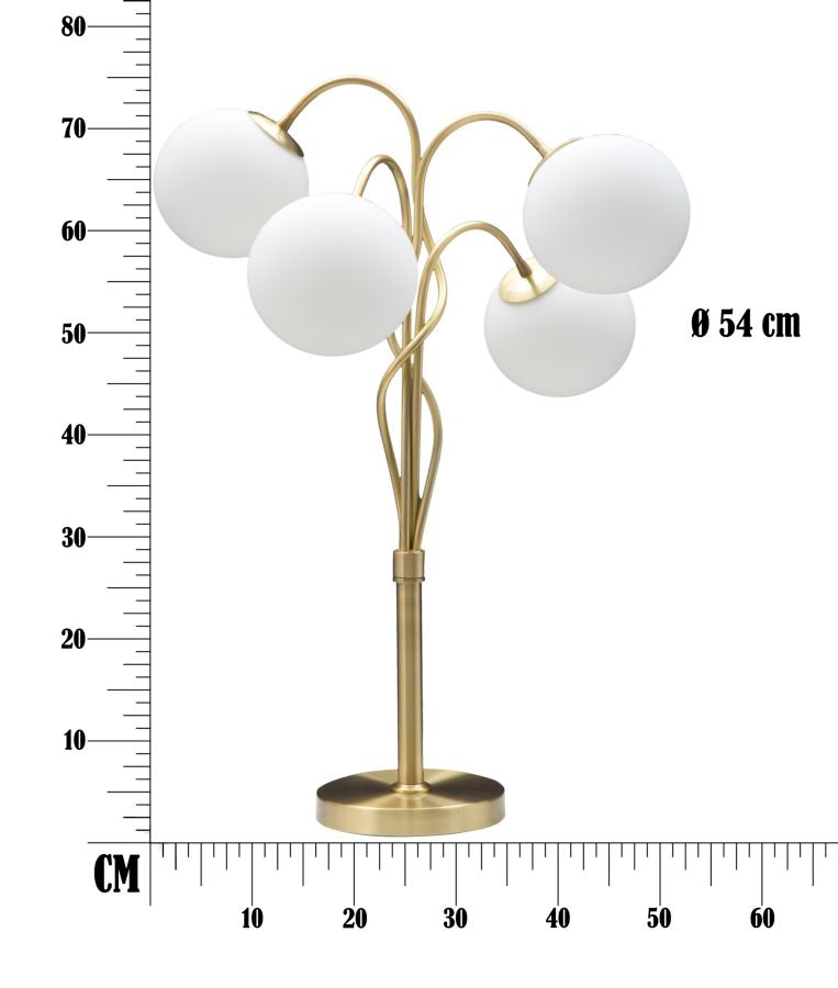 Lampada da tavolo in metallo dorata con 4 sfere in vetro Ø cm 53x74