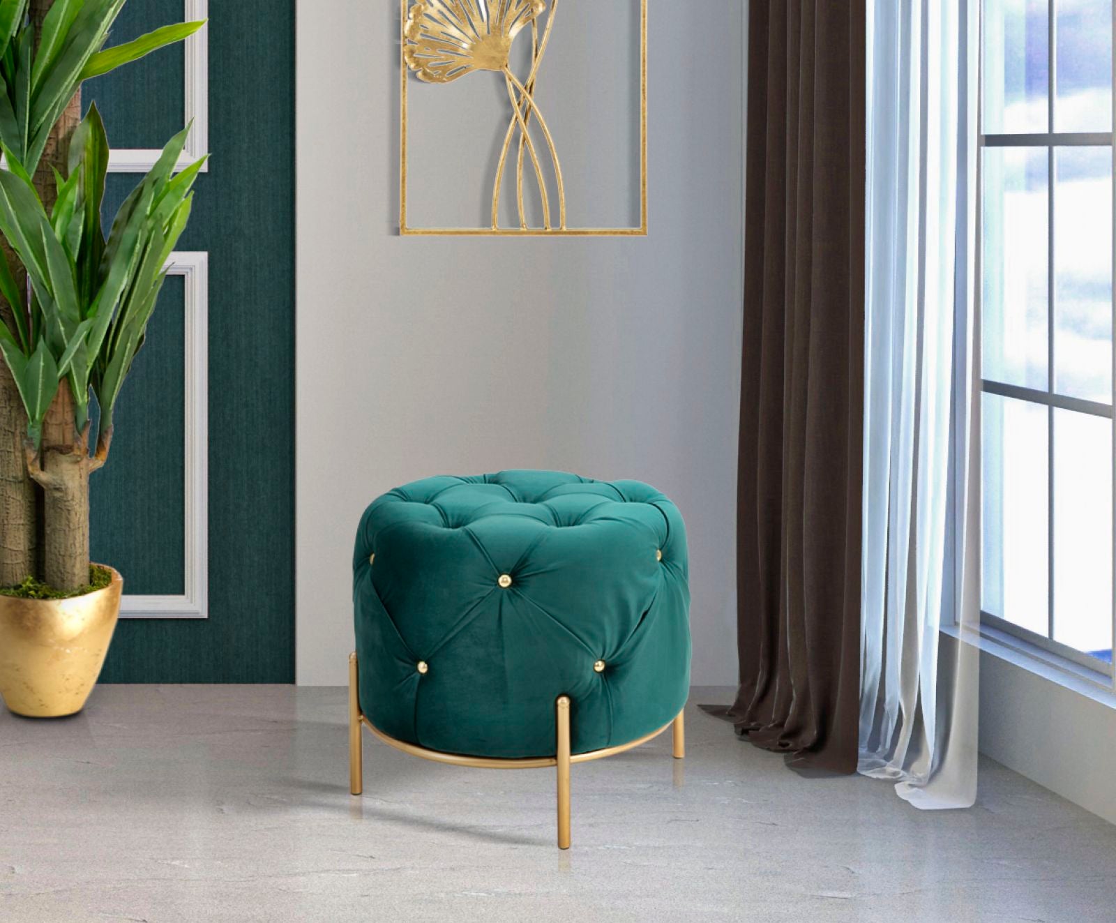 Pouf rotondo trapuntato in tessuto verde Ø cm 45x40