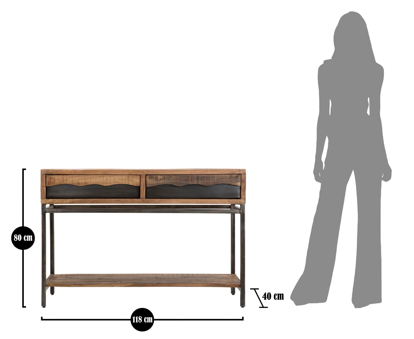 Consolle in legno marrone con 2 cassetti e ripiano cm 118x40x80