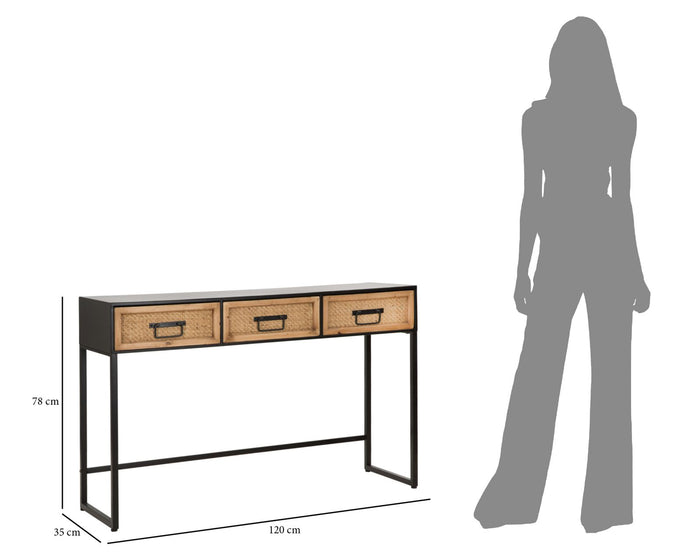 Consolle con 3 cassetti in legno e metallo marrone e nera cm 120x35x78