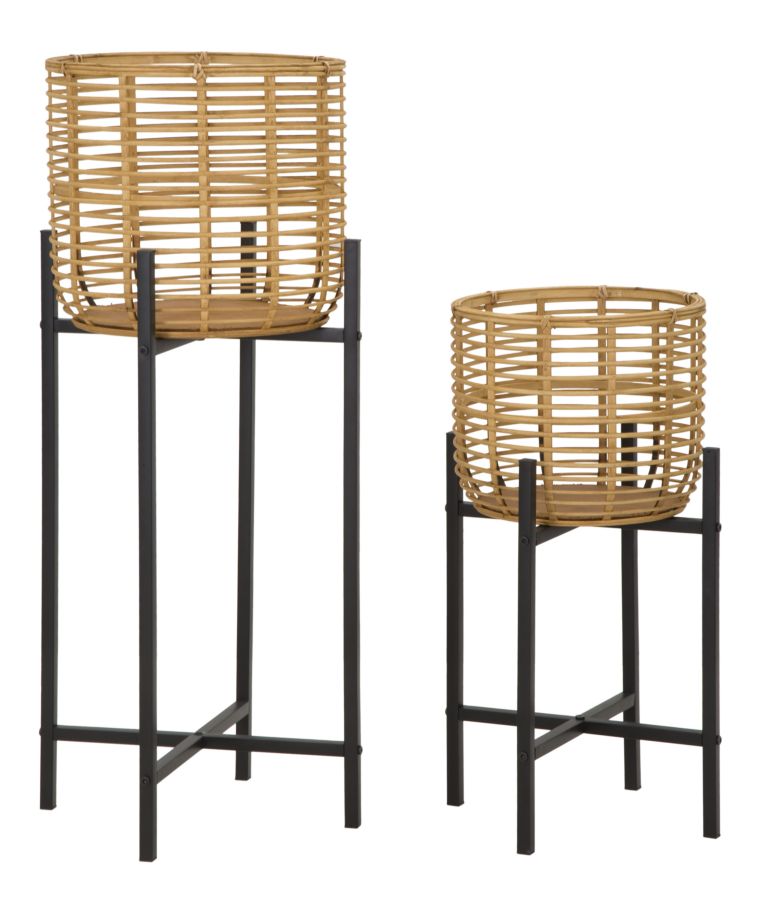 Set di 2 portavasi in rattan e metallo marroni e neri Ø cm 38x90-33x60