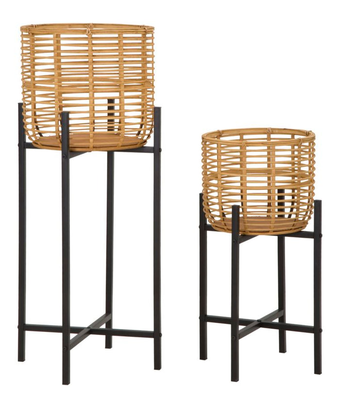 Set di 2 portavasi in rattan e metallo marroni e neri Ø cm 38x90-33x60