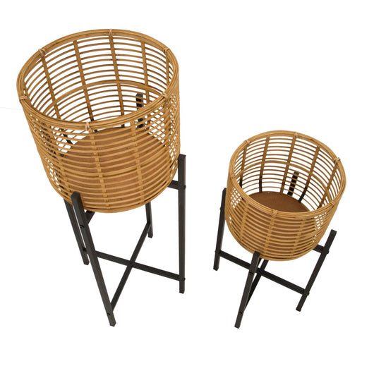 Set di 2 portavasi in rattan e metallo marroni e neri Ø cm 38x90-33x60