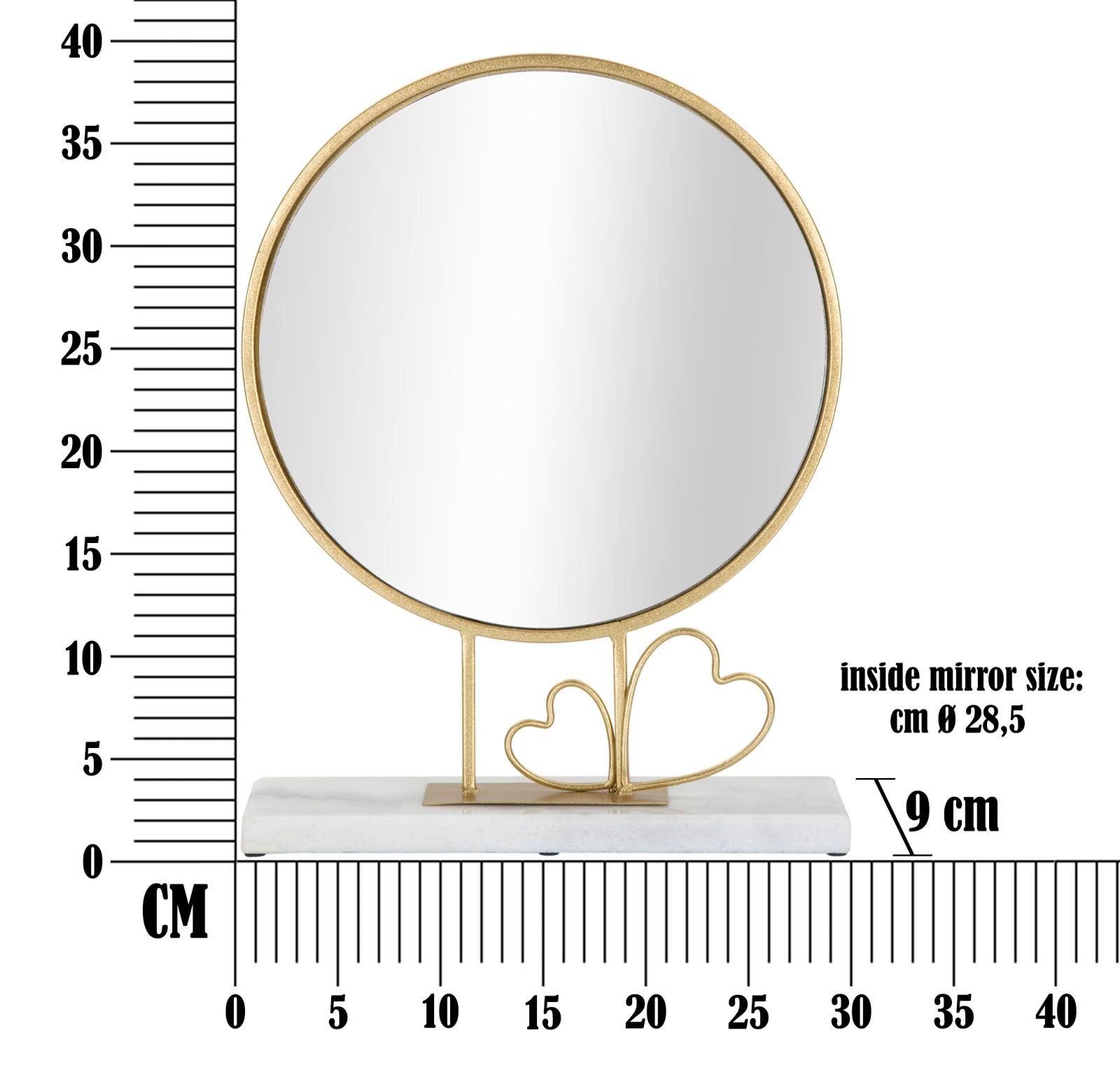 Specchio da appoggio in metallo dorato e marmo bianco cm 30x9x39,5