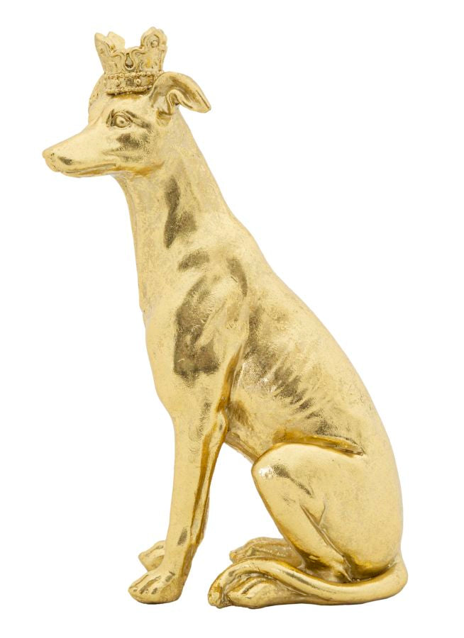 Statua di cane seduto con corona in resina dorata cm 20x12,5x33