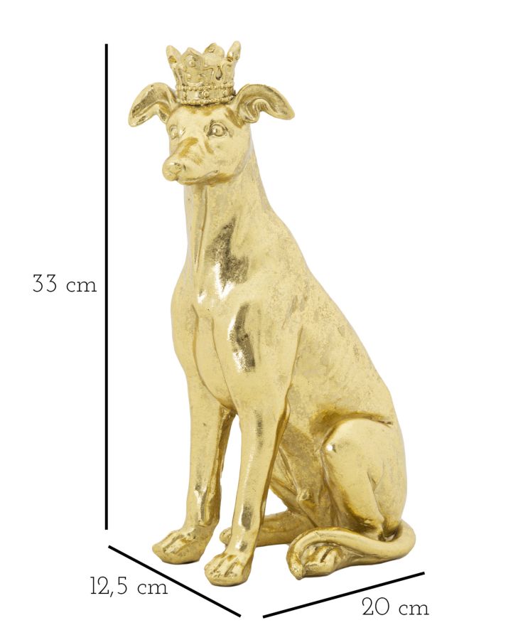 Statua di cane seduto con corona in resina dorata cm 20x12,5x33