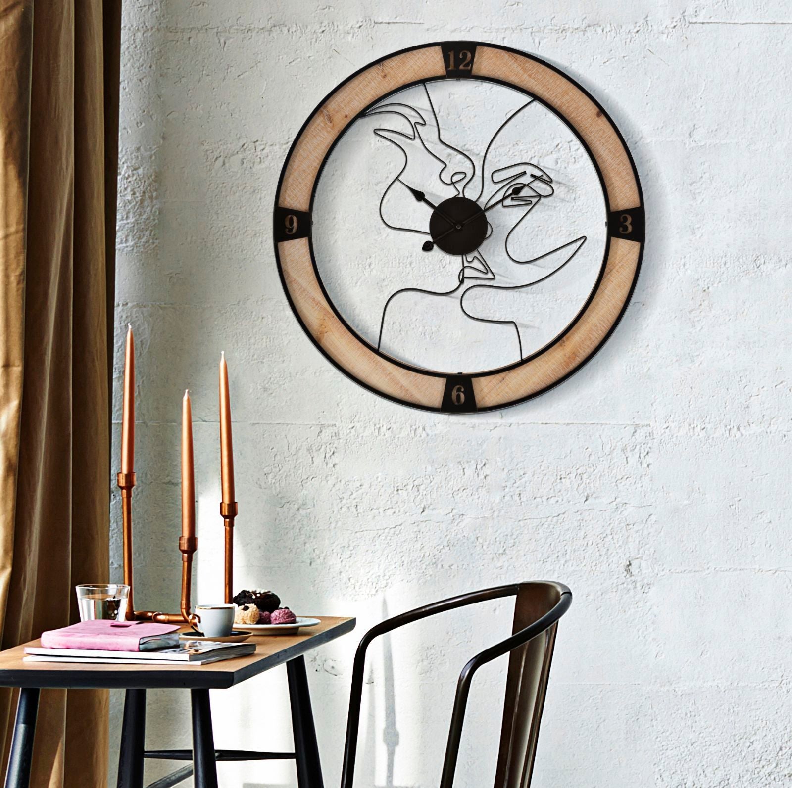 Orologio da Muro Couple Ø 60x3 cm in Ferro e Legno