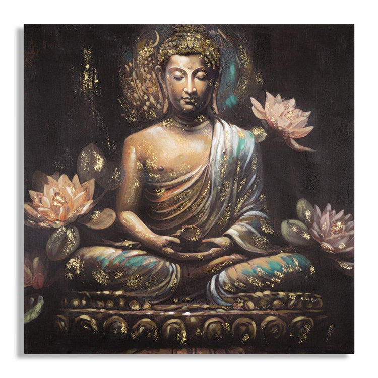 Dipinto su Tela Buddha 100x100x3 cm Cornice in Legno di Pino Multicolor