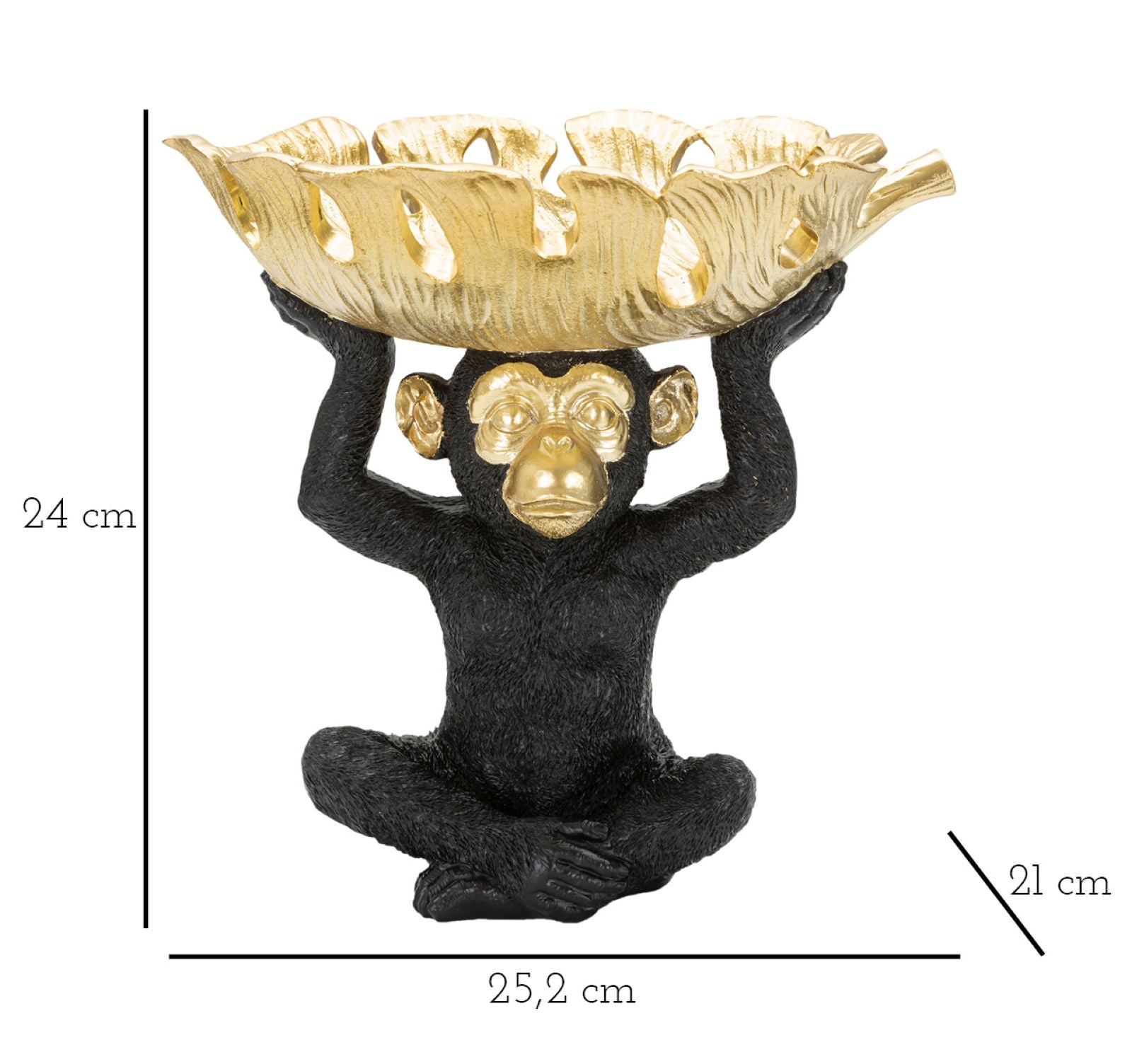 Scimmietta con portaoggetti in resina nera e dorata cm 25,2x21x24