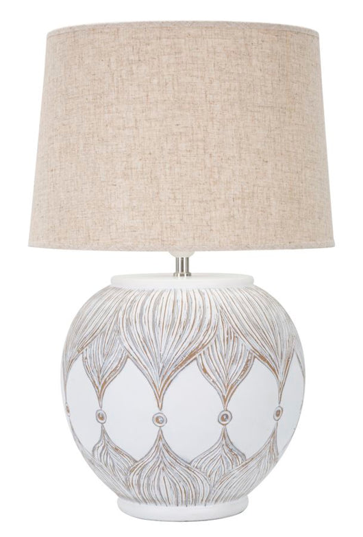 Lampada da tavolo in resina bianca con paralume beige Ø cm 38x59