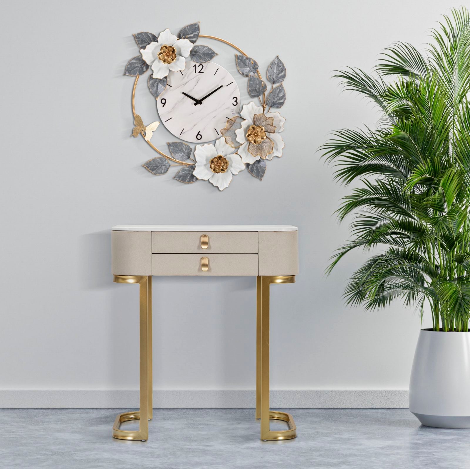 Console Fissa 2 Cassetti Beauty 70x80x40 cm in Legno MDF e Metallo Crema/Oro