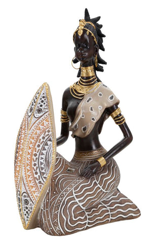 Statuetta masai con scudo in resina marrone cm 13,5x9x24,5 