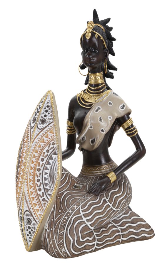 Statuetta masai con scudo in resina marrone cm 13,5x9x24,5 