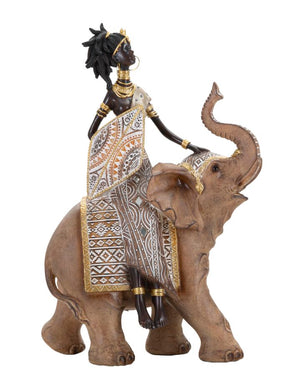 Statuetta masai con elefante in resina marrone cm 22,5x12x32,5