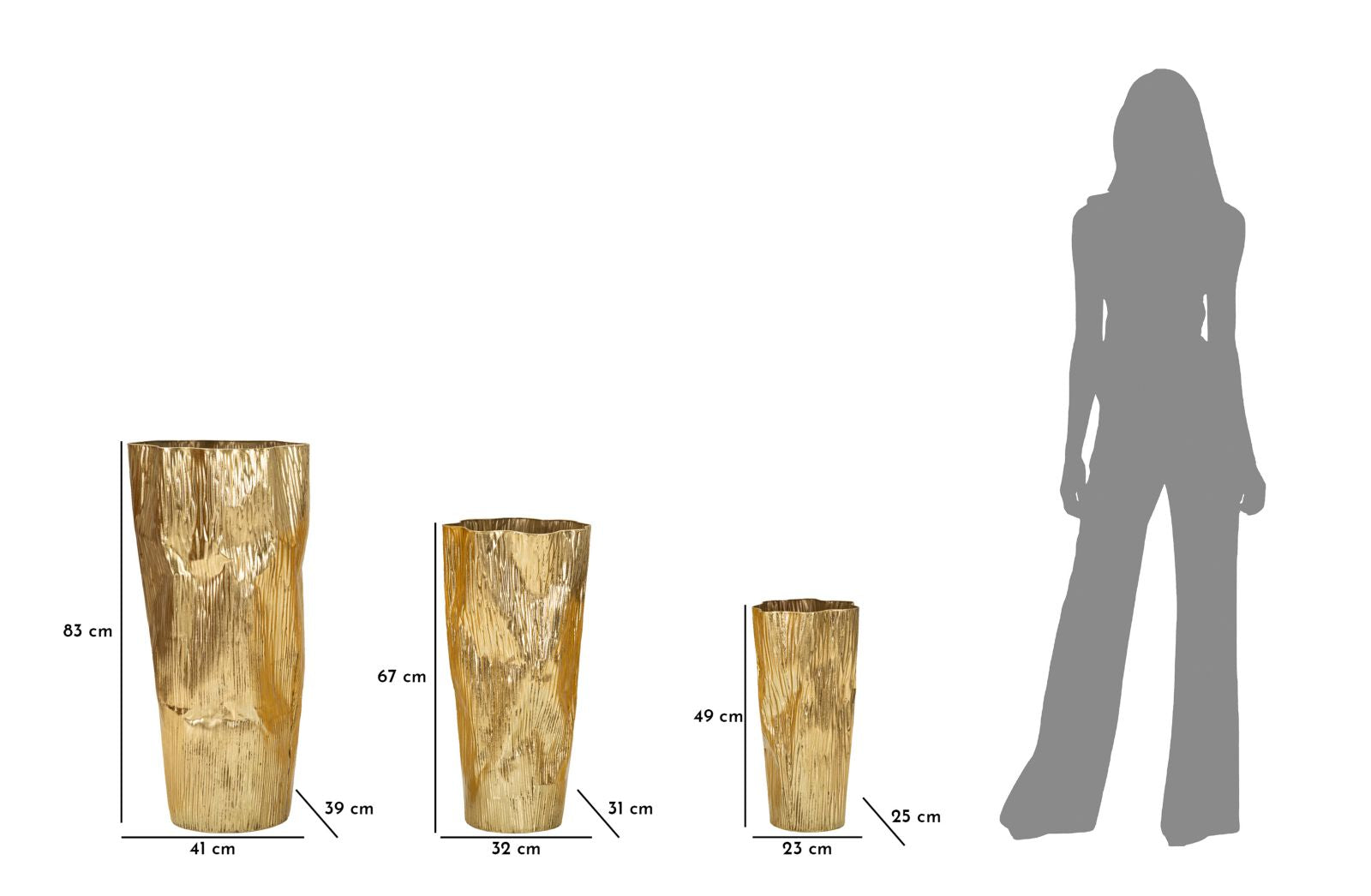 Portavasi In Metallo Dorato Cm Ø 41X39X83- 32X31X67-23X25X49.