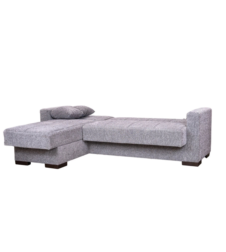 DIVANO LETTO "MERLIN" IN TESSUTO GRIGIO CON CASSETTONE E PENISOLA REVERSIBILE, 227x175x77 CM