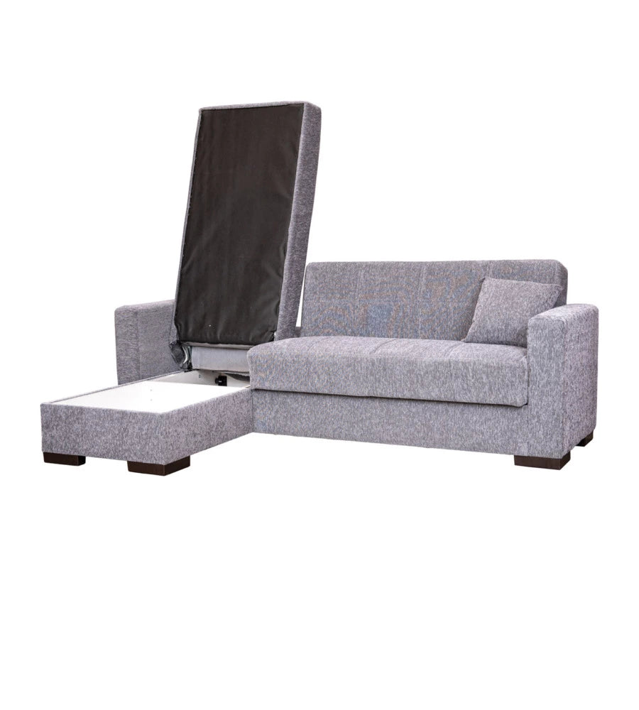 DIVANO LETTO "MERLIN" IN TESSUTO GRIGIO CON CASSETTONE E PENISOLA REVERSIBILE, 227x175x77 CM