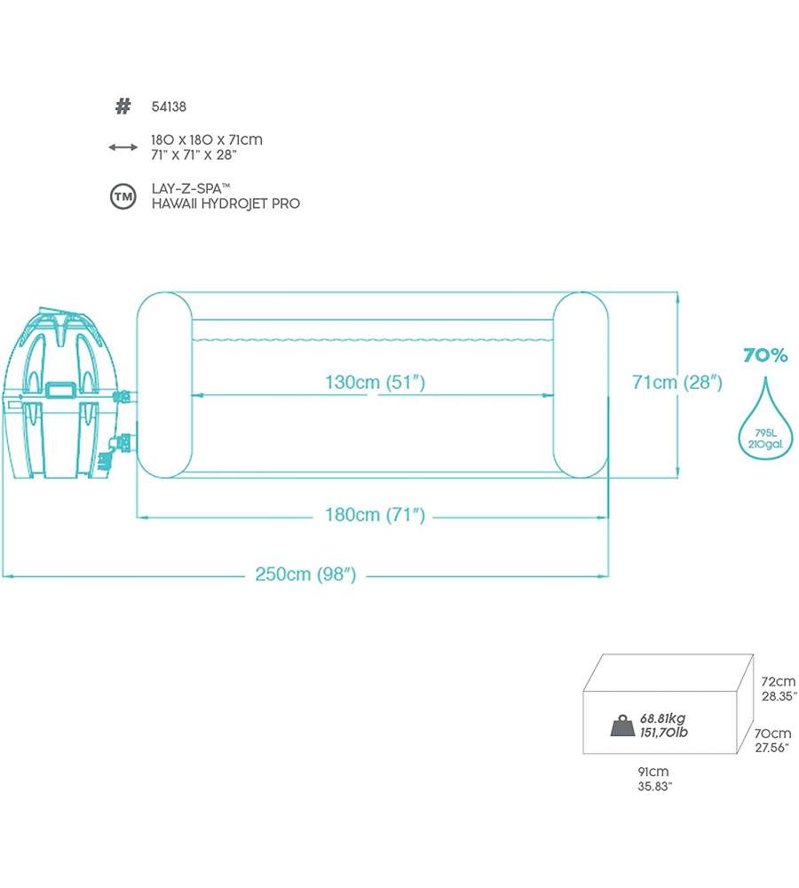 Bestway piscina idromassaggio gonfiabile riscaldata 180x180x71 cm "lay-z-spa hawaii hydrojet pro" - 54138