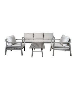 SET GIARDINO LUXURY CON DIVANO DUE POLTRONE E TAVOLINO IN ALLUMINIO COLOR GRIGIO