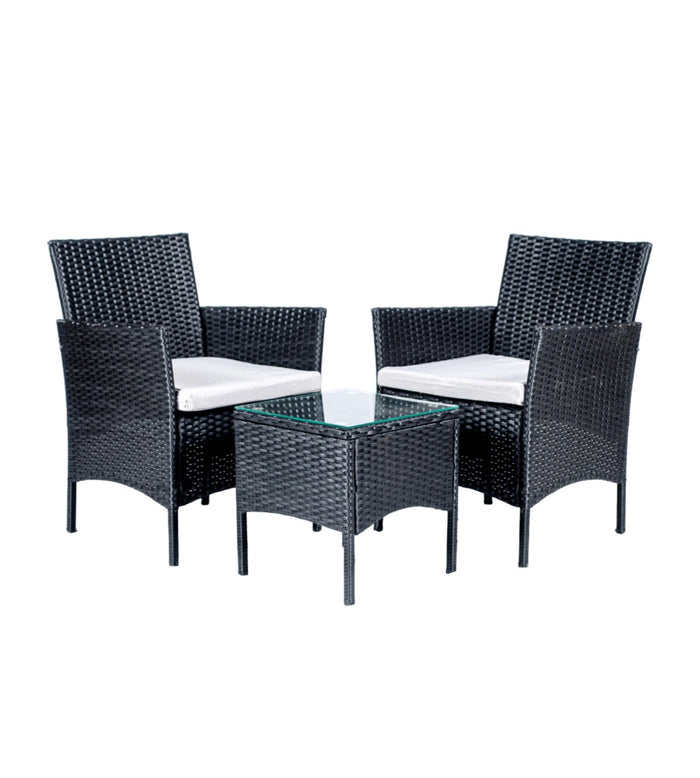 SET DA ESTERNO EURO GARDEN "LIPSIA" IN RATTAN CON CUSCINI COLORE GRIGIO, 2 SEDUTE E TAVOLINO