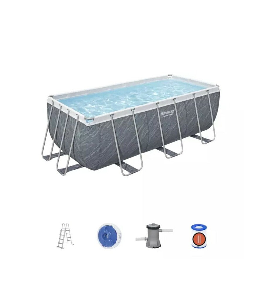 PISCINA FUORI TERRA RETTANGOLARE BESTWAY "POWER STEEL FRAME" EFFETTO MARMO 412X201X122 CM CON POMPA + SCALA + CHEMCONNECT - COD. 56722-NEW