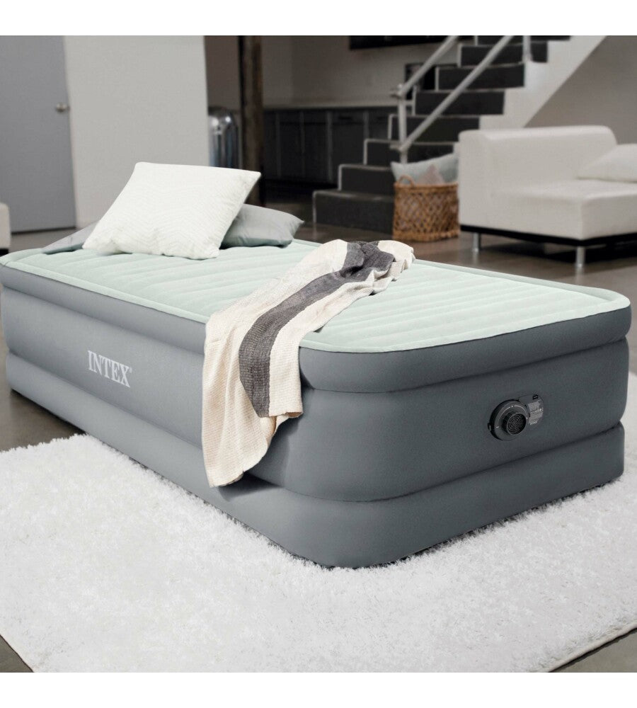 MATERASSO SINGOLO AUTOGONFIANTE INTEX "AIRBED DURA-BEAM PREMAIRE I" COLORE GRIGIO CHIARO E POMPA INTEGRATA, 99X191X46 CM