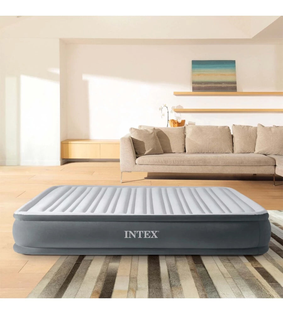 MATERASSO MATRIMONIALE AUTOGONFIANTE INTEX "AIRBED DURA-BEAM COMFORT-PLUSH MID-RISE" COLORE GRIGIO CHIARO E POMPA INTEGRATA, 152X203X33 CM