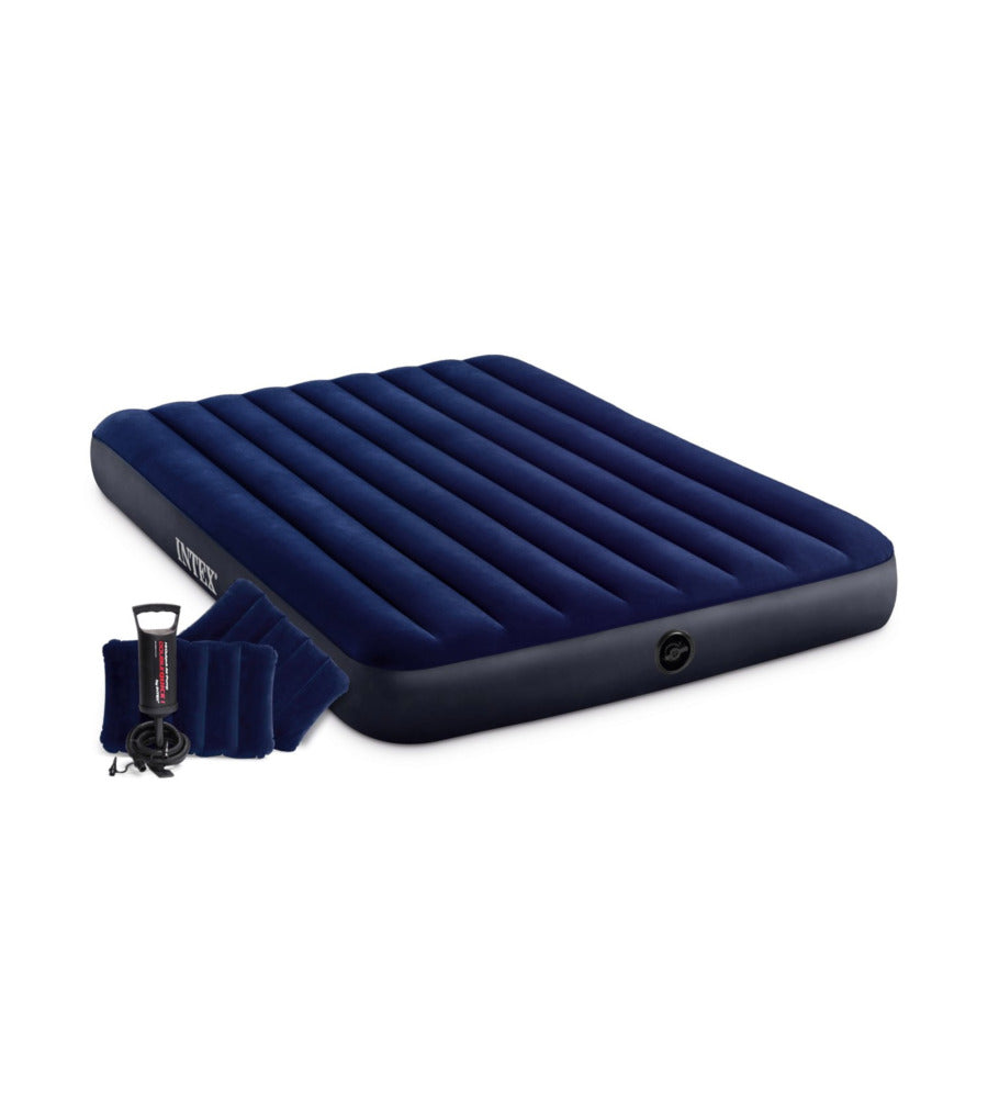 MATERASSO MATRIMONIALE GONFIABILE INTEX "AIRBED DURA-BEAM STANDARD CLASSIC DOWNY" COLORE BLU CON POMPA MANUALE E DUE CUSCINI, 152X203X25 CM