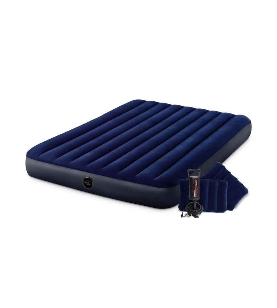 MATERASSO MATRIMONIALE GONFIABILE INTEX "AIRBED DURA-BEAM STANDARD CLASSIC DOWNY" COLORE BLU CON POMPA MANUALE E DUE CUSCINI, 152X203X25 CM