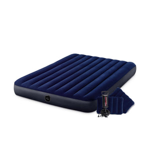 MATERASSO MATRIMONIALE GONFIABILE INTEX "AIRBED DURA-BEAM STANDARD CLASSIC DOWNY" COLORE BLU CON POMPA MANUALE E DUE CUSCINI, 152X203X25 CM