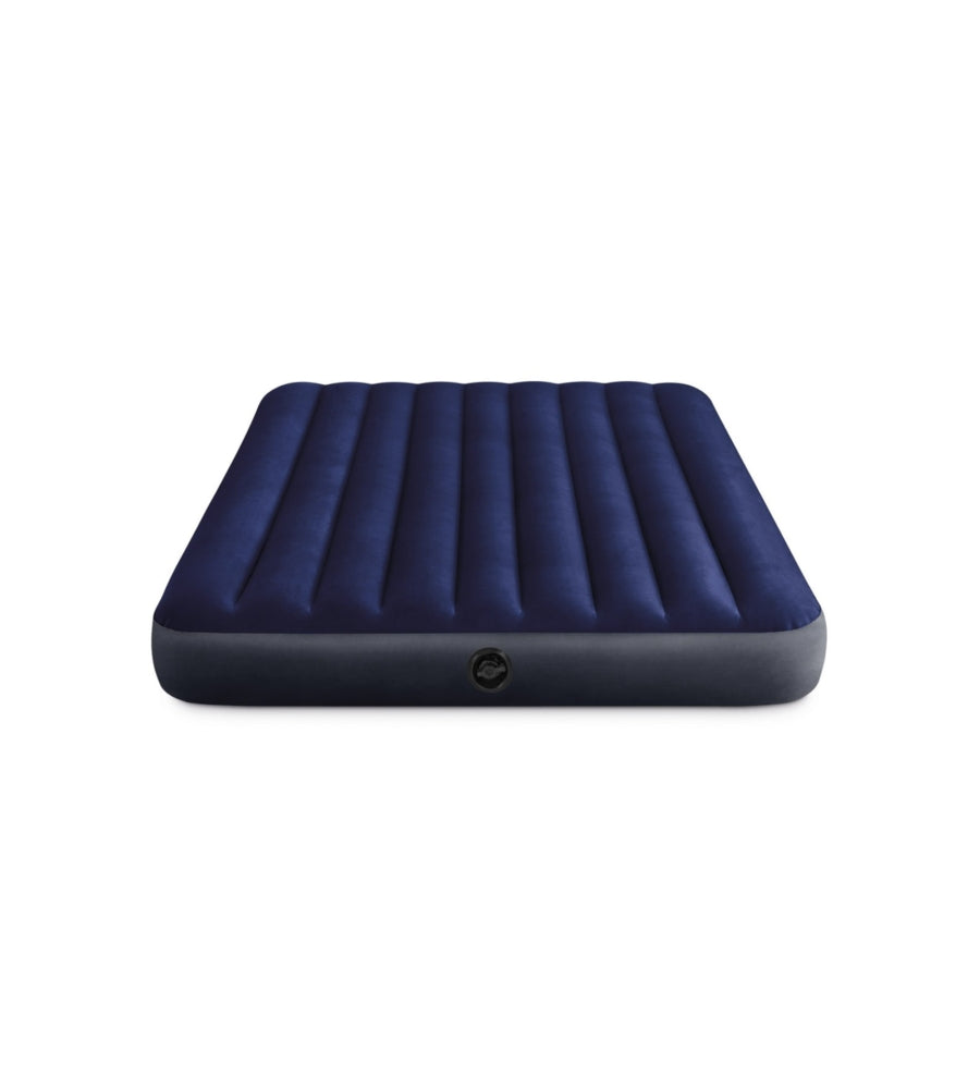 MATERASSO MATRIMONIALE GONFIABILE INTEX "AIRBED DURA-BEAM STANDARD CLASSIC DOWNY" COLORE BLU CON POMPA MANUALE E DUE CUSCINI, 152X203X25 CM