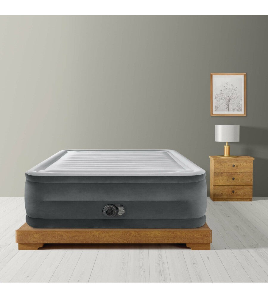 MATERASSO MATRIMONIALE AUTOGONFIANTE INTEX "AIRBED DURA-BEAM COMFORT-PLUSH HIGH-RISE" COLORE GRIGIO CHIARO E POMPA INTEGRATA, 152X203X56 CM