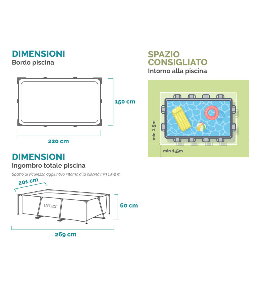 PISCINA FUORI TERRA RETTANGOLARE INTEX "RECTANGULAR FRAME" COLORE BLU, 220X150X60 CM