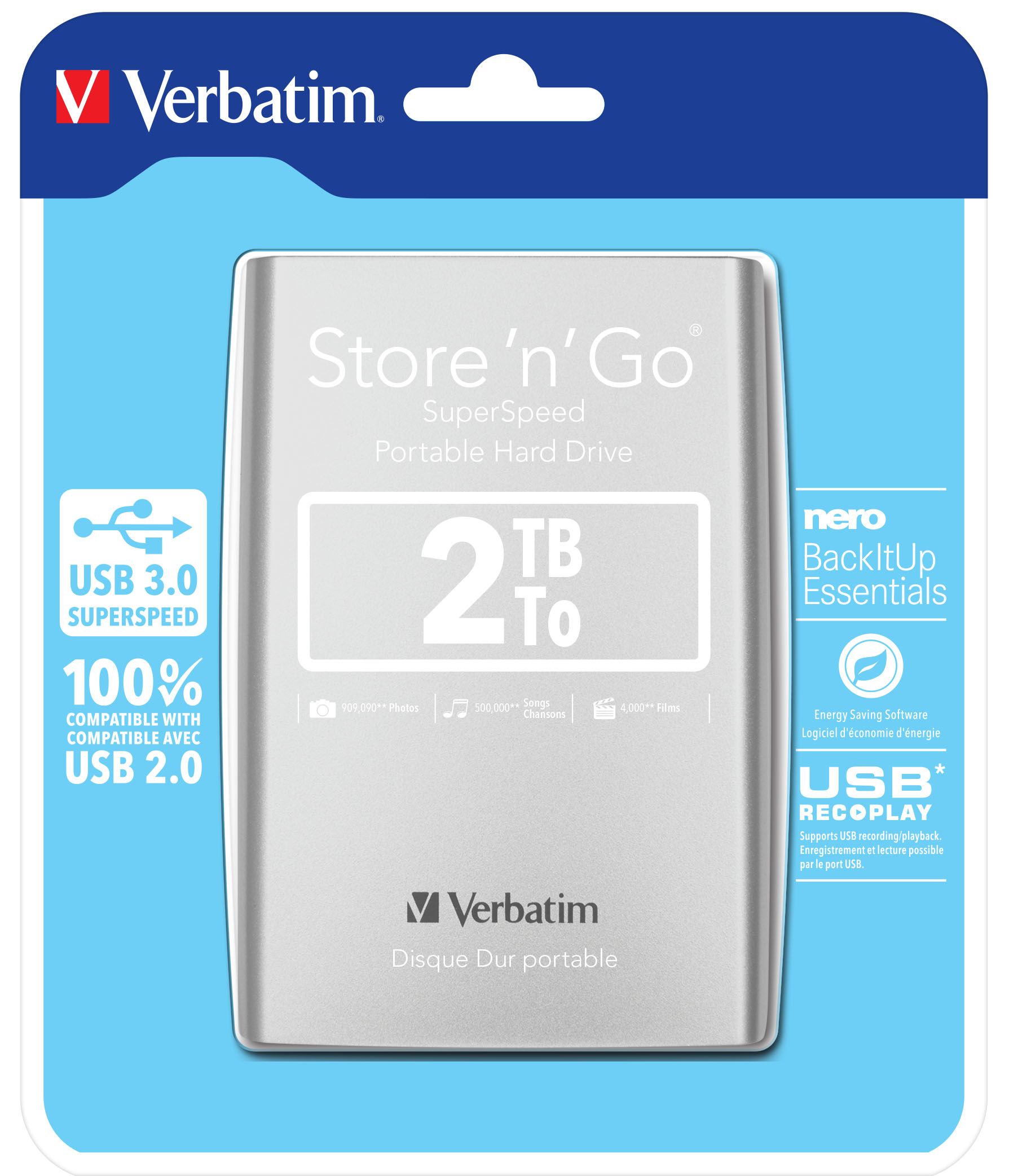 Verbatim disco rigido portatile store 'n' go usb 3.0 da 2 tb argento - 53189