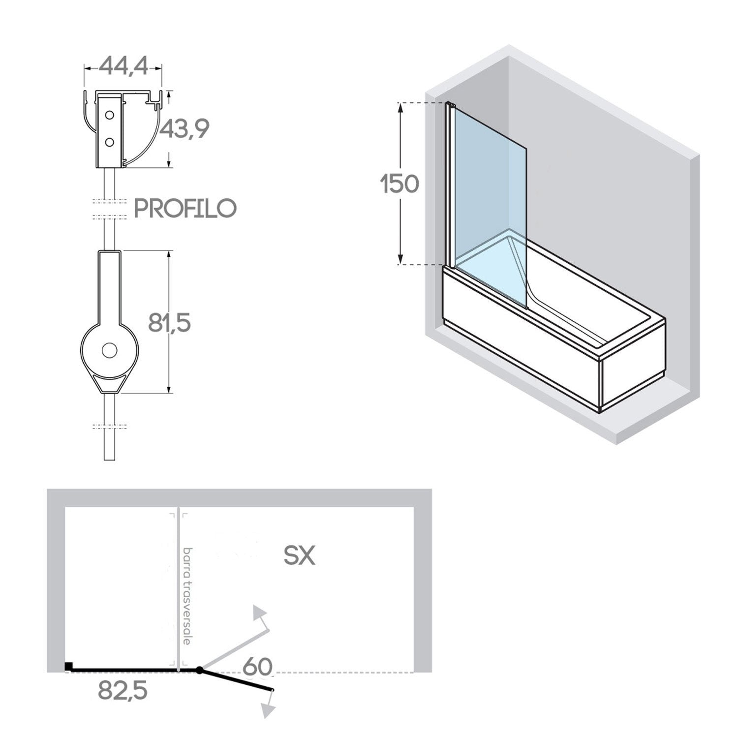 Sopravasca 145 CM Vetro a battente mod. Tirreno versione Sinistra profilo Bianco