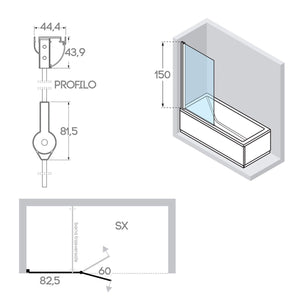 Sopravasca 145 CM Vetro a battente mod. Tirreno versione Sinistra profilo Bianco