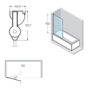 Sopravasca 70 CM Vetro a battente mod. Caspio versione Sinistra profilo Cromo