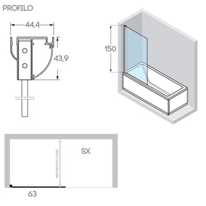 Sopravasca 65 CM Vetro anta fissa mod. Pharo versione Sinistra profilo Bianco