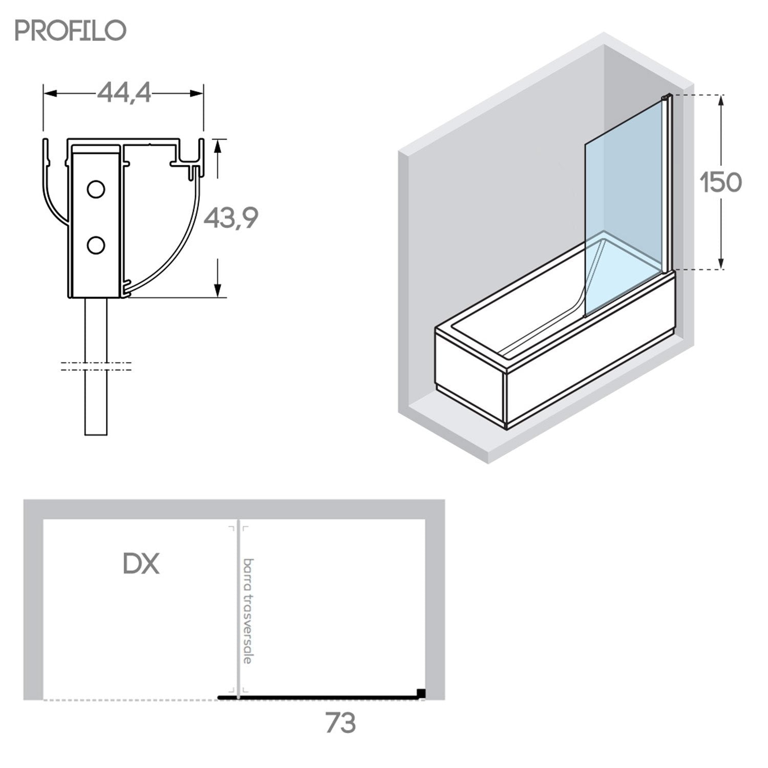 Sopravasca 65 CM Vetro anta fissa mod. Pharo versione Sinistra profilo Bianco