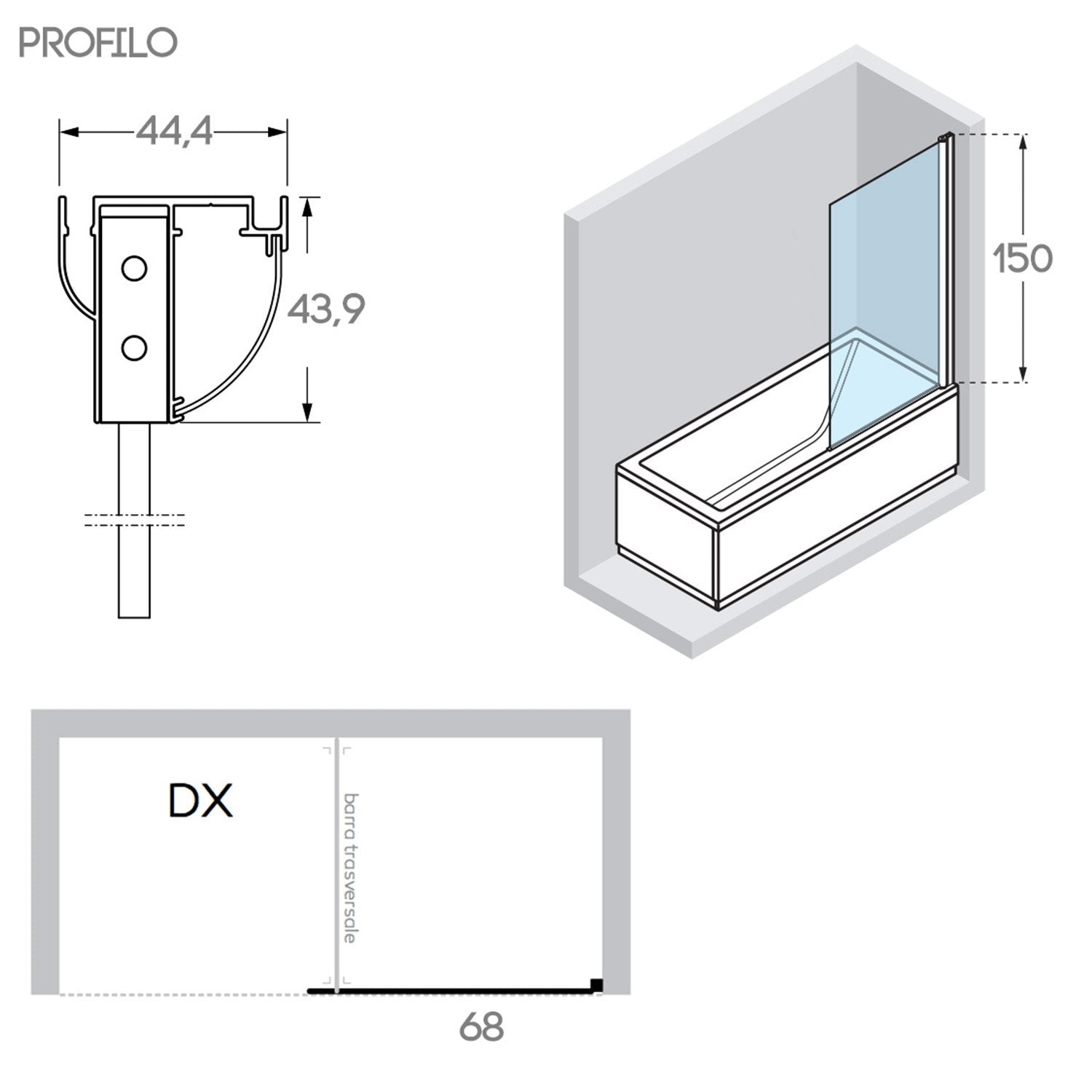 Sopravasca 75 CM Vetro anta fissa mod. Pharo versione Destra profilo Bianco