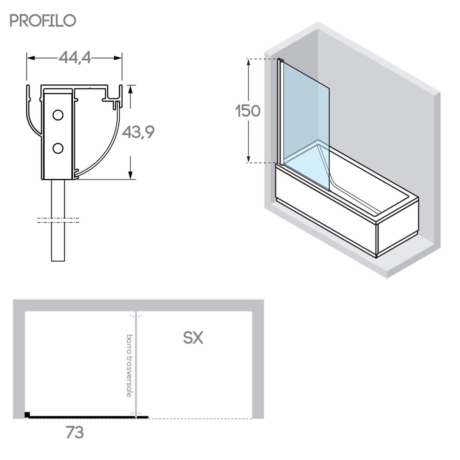 Sopravasca 75 CM Vetro anta fissa mod. Pharo versione Sinistra profilo Bianco