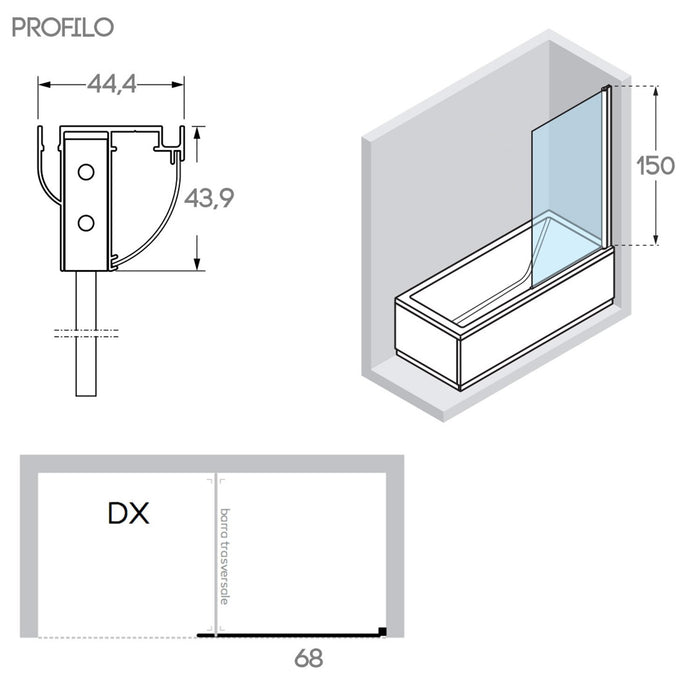 Sopravasca 80 CM Vetro anta fissa mod. Pharo versione Sinistra profilo Bianco