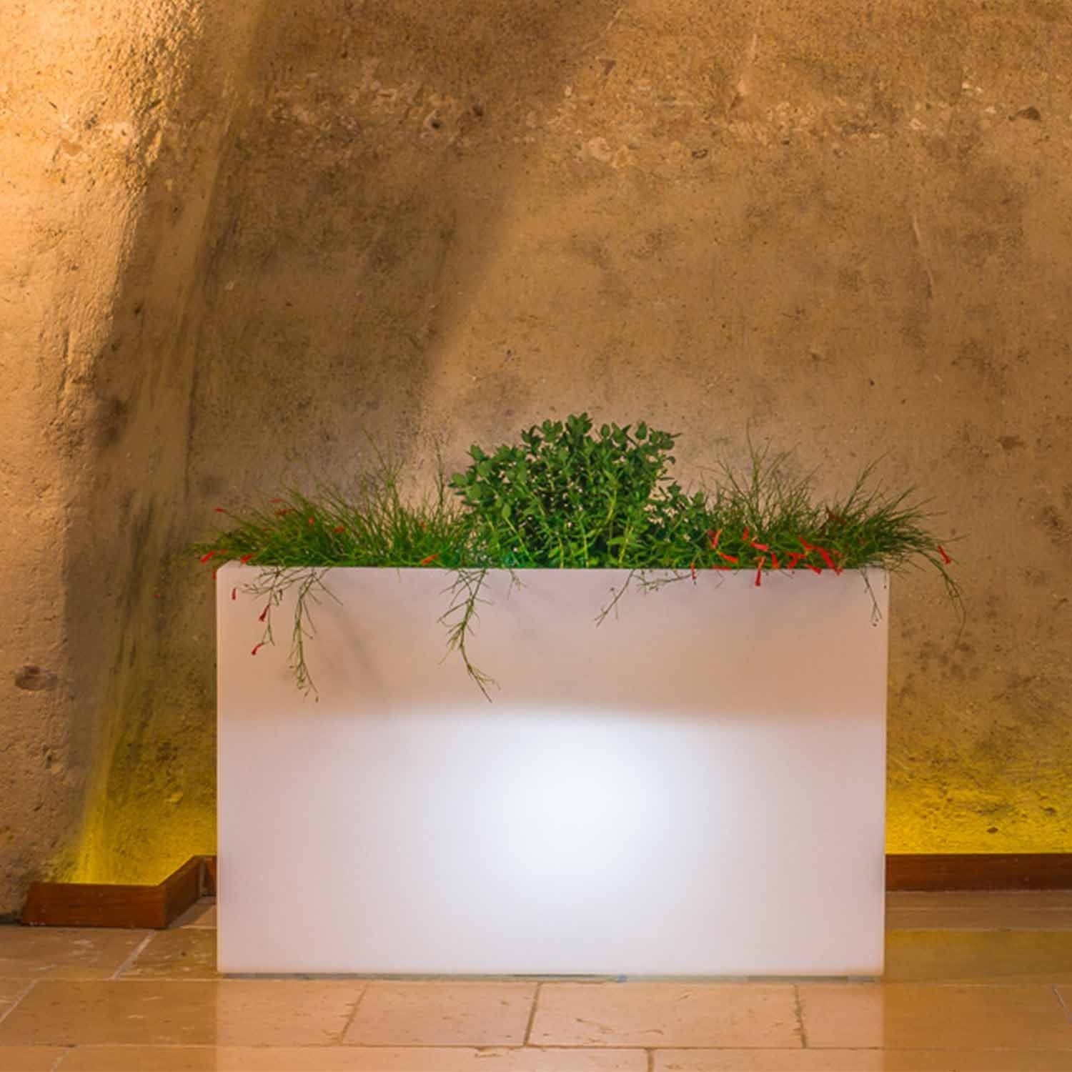 Vaso Luminoso Fioriera In Resina Rettangolare H 80 CM Led Luce Bianca mod. Flowerpot Top Bright