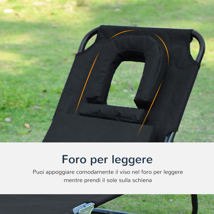 Easycomfort Sedia Sdraio da Esterno Pieghevole con Foro per il Viso e Cuscini, Lettino Prendisole da Giardino, Spiaggia e Campeggio, Nero