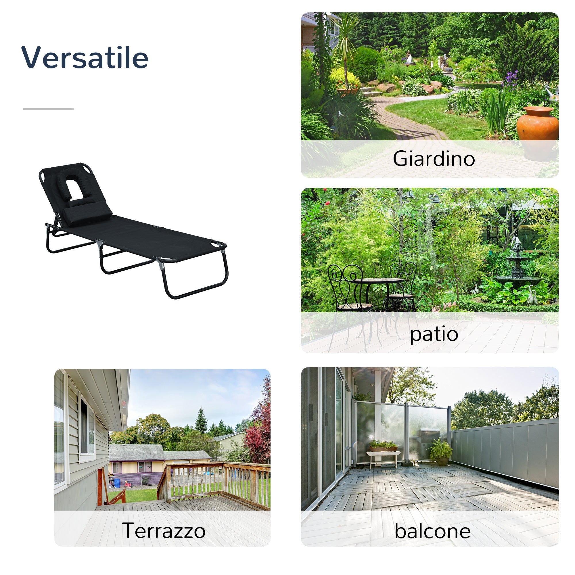 Easycomfort Sedia Sdraio da Esterno Pieghevole con Foro per il Viso e Cuscini, Lettino Prendisole da Giardino, Spiaggia e Campeggio, Nero