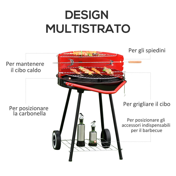 Easycomfort Grill BBQ Barbecue a Carbonella Doppia Griglia Regolabile con Ruote Acciaio 51x70x75.5cm Nero e Rosso