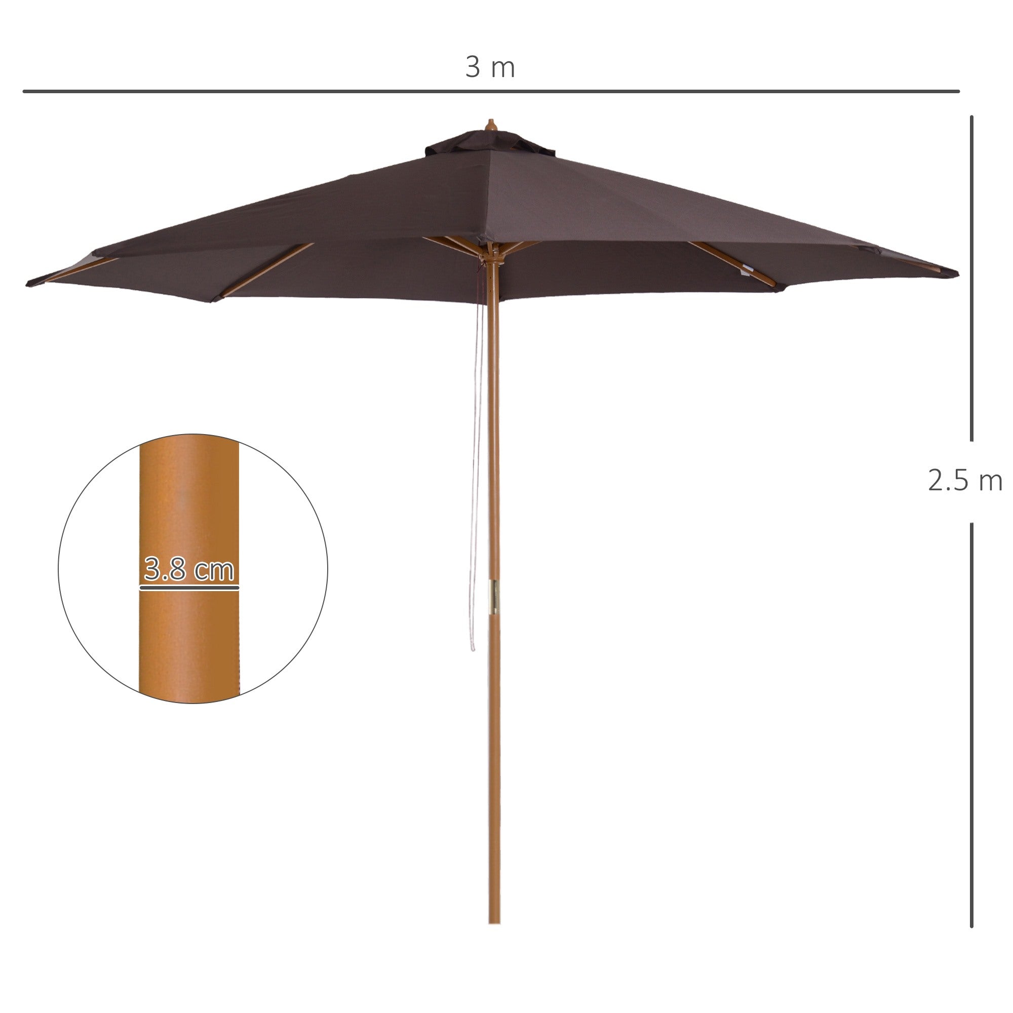 EASYCOMFORT  Ombrellone da Giardino con Palo in Legno e 8 Stecche, Parasole in Poliestere Anti UV, ?300x250cm, Caffè