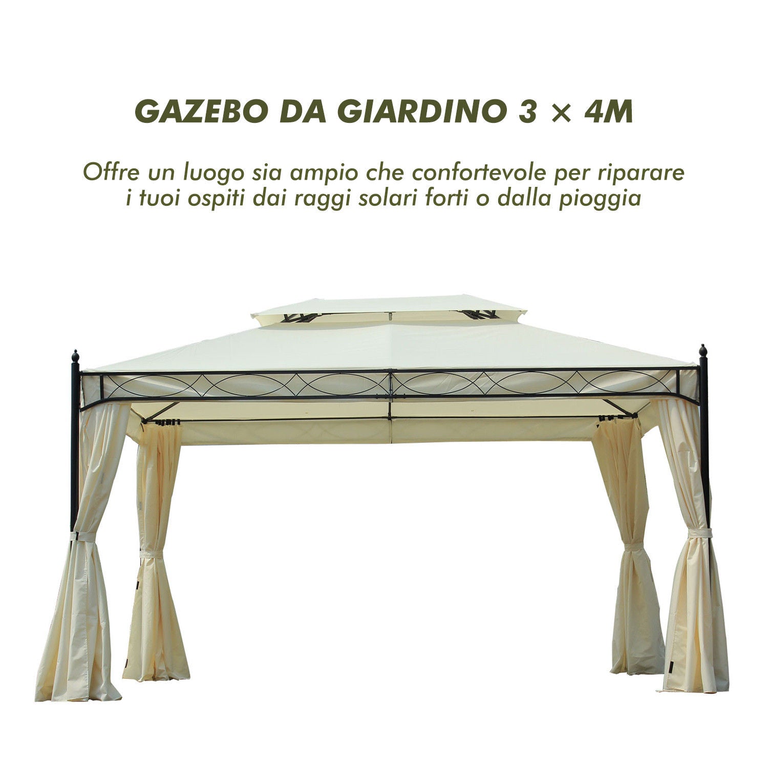 Easycomfort Gazebo da Giardino 3x4m in Acciaio con Doppio Tetto e 4 Tende Laterali, Crema